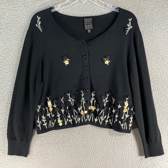 Due Per Due Sweater Women's Large Petite Black Embroidered Silk Cardigan Cottage - Picture 1 of 13